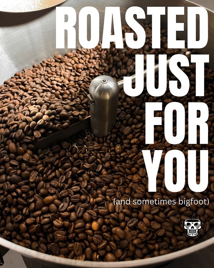 Small batch coffee roasting drum filled with freshly roasted beans at Headcount Coffee — roasted just for you in Texas