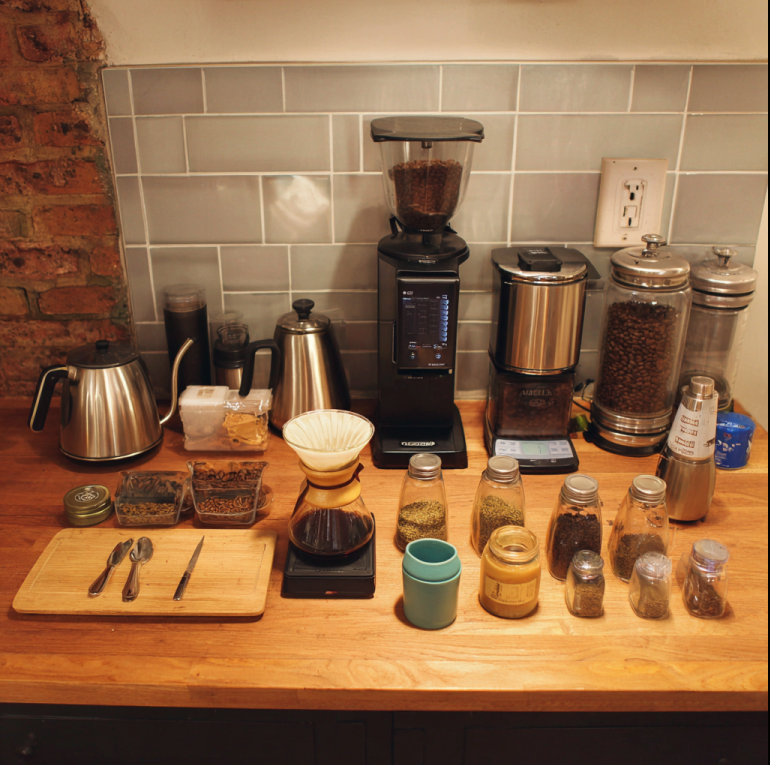 “Home coffee brewing setup with pour-over, grinder, and Rebel Roast beans from Headcount Coffee — learn to brew better coffee at home.