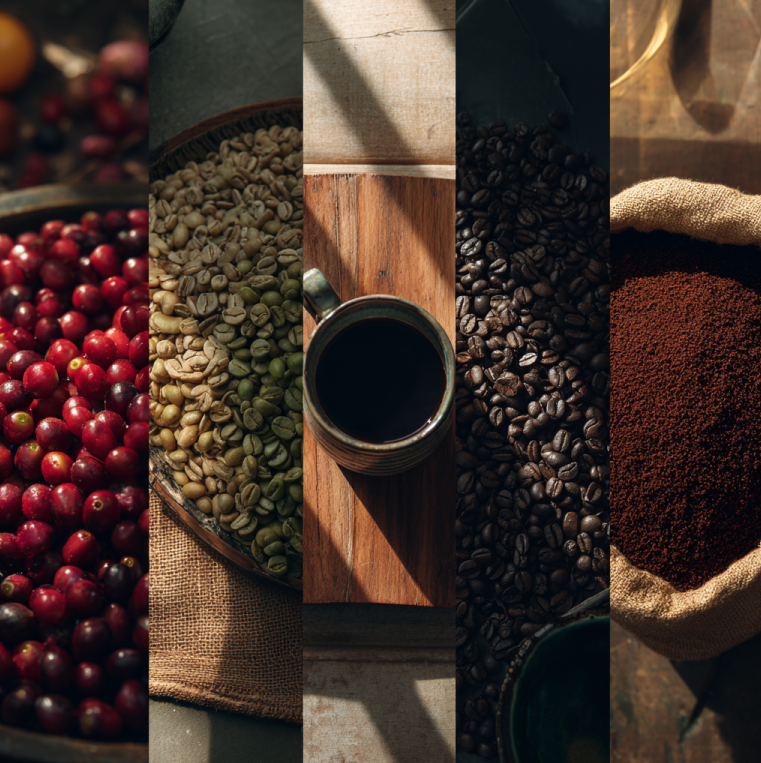 coffee cherry to cup sequence on a wooden table: ripe cherries, washed parchment, green beans, roasted beans, ground coffee, steaming mug—soft natural light