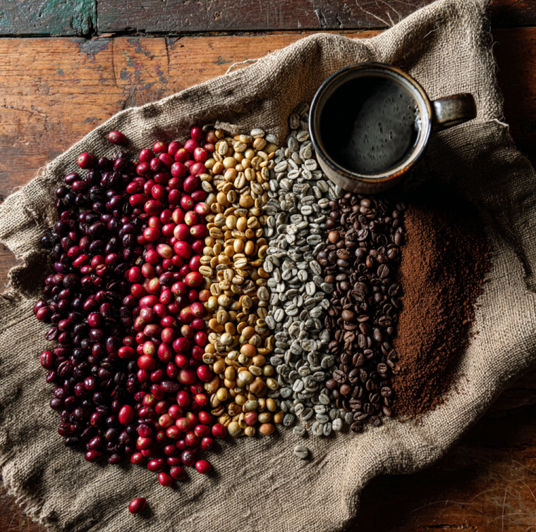 bean-to-cup journey on a table: ripe cherries, washed parchment, green beans, roasted beans, fresh grounds, and a steaming mug