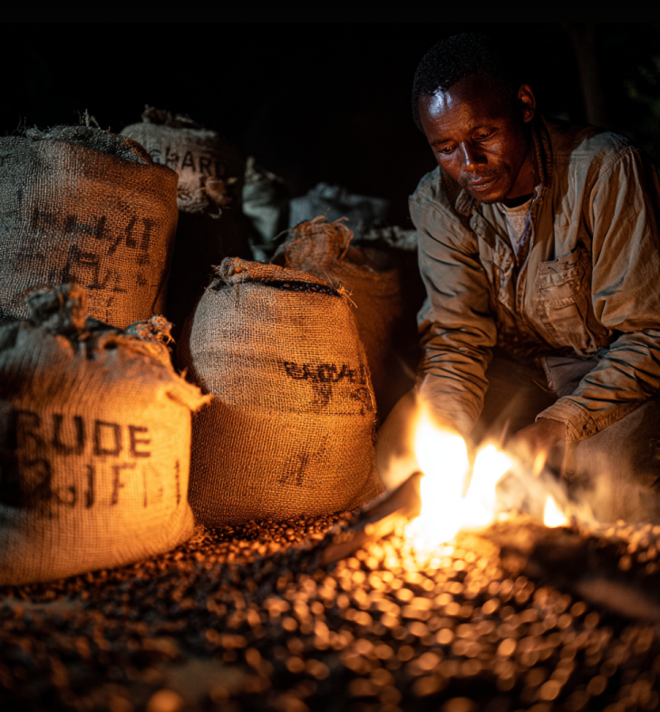Ethiopian coffee farmer secretly roasting and selling Grade 1 beans in the highlands, symbolizing rebellion against export laws