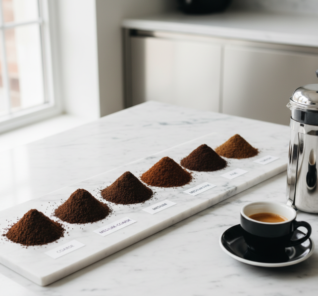 seven coffee grind sizes arranged in line from coarse to fine beside espresso cup and French press; bright overhead lighting; educational and inviting scene