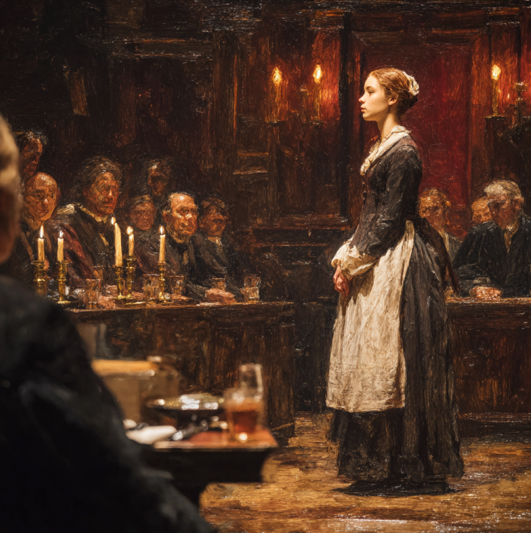 Victorian-era London courtroom scene, young maid standing trial before judge and jury, candlelit with somber atmosphere