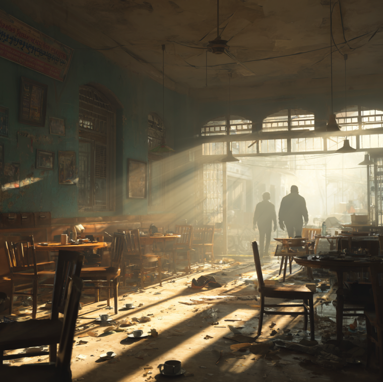 Indian coffee shop interior with overturned tables and spilled coffee, aftermath of an ambush representing the Family Retribution story