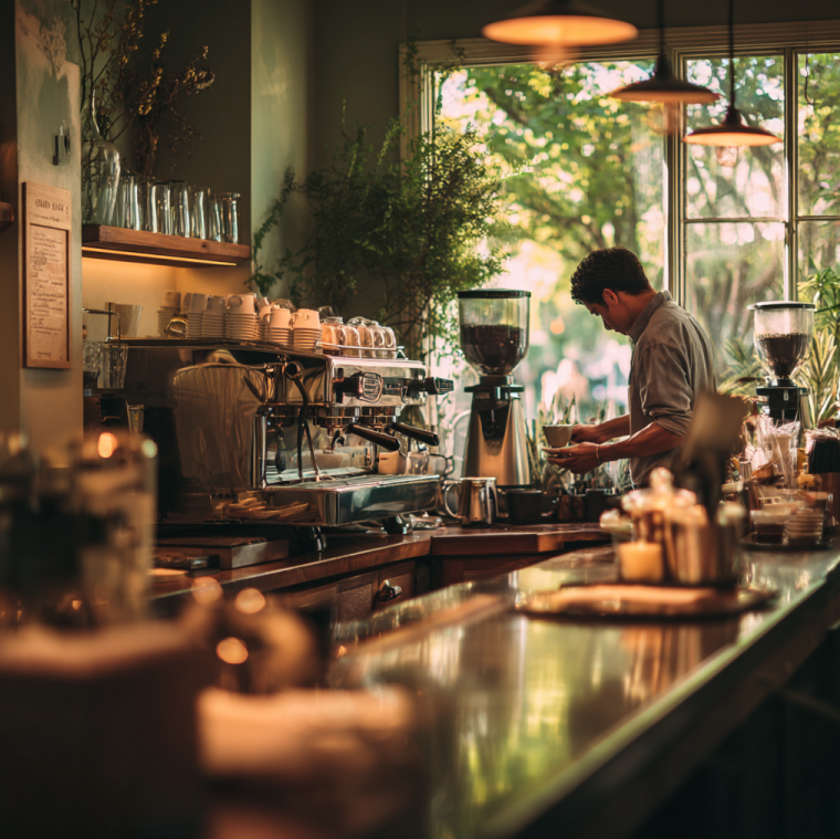 barista pouring espresso at a modern coffee bar with coffee beans, grinder