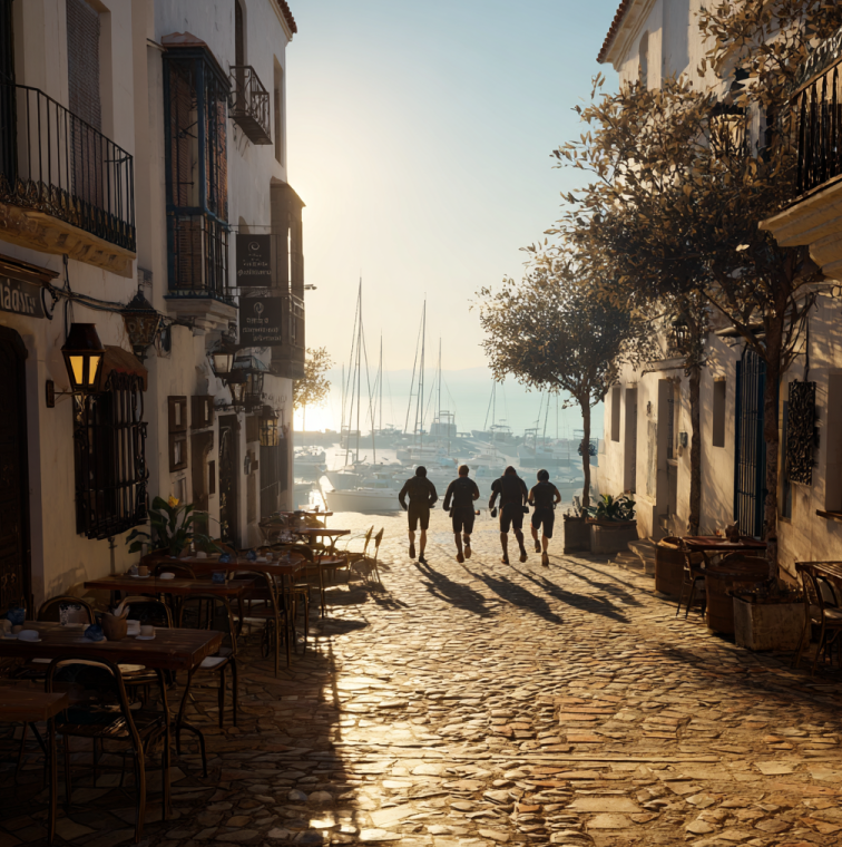 Four men chasing a hooded thief through the streets of Vigo, Spain, near a portside coffee shop