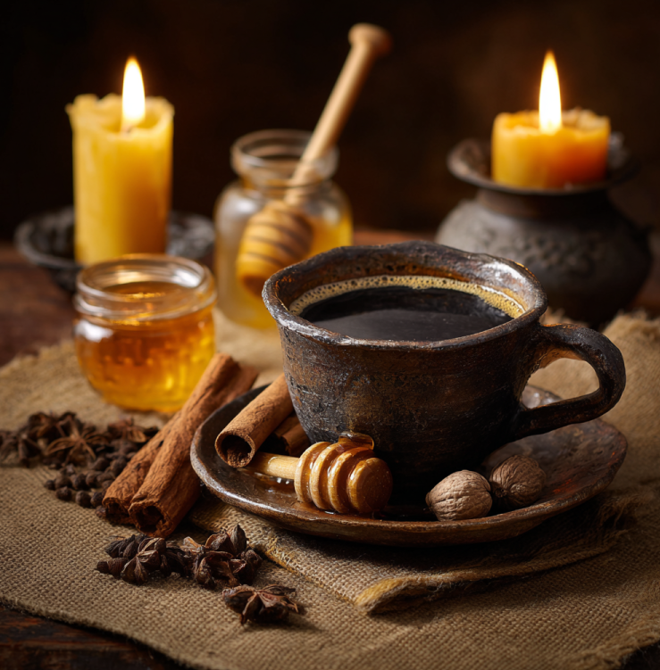 medieval-style cup of coffee with honey drizzle, cinnamon sticks, cloves, and nutmeg on a rustic wooden table under warm candlelight