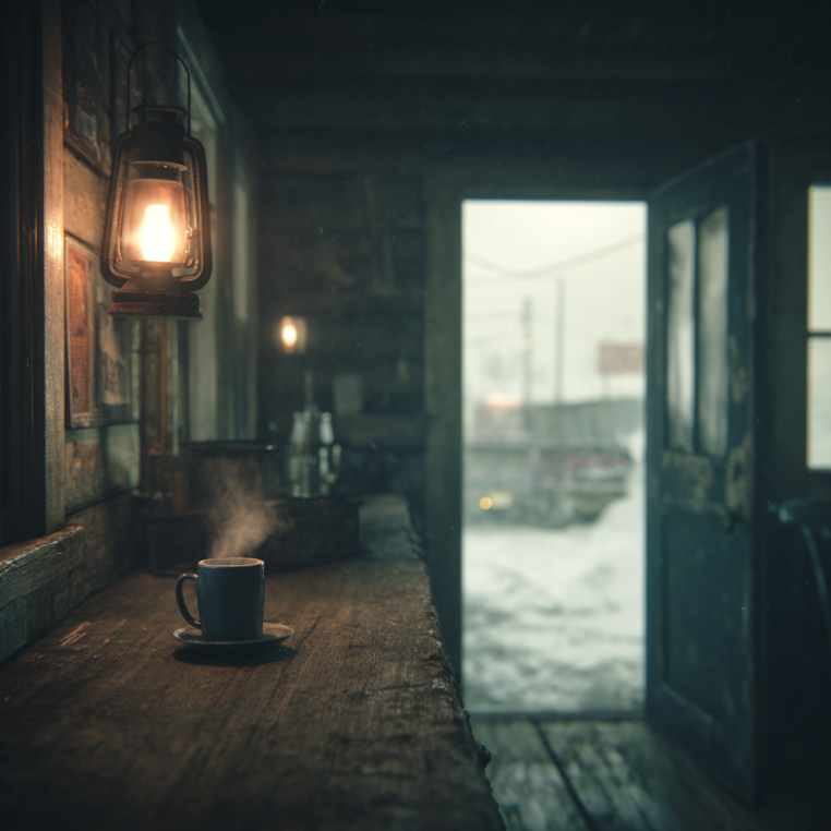 1930s Yukon roadhouse interior; steaming coffee on a wooden counter; lantern light; snow drifting through an open door; quiet tension