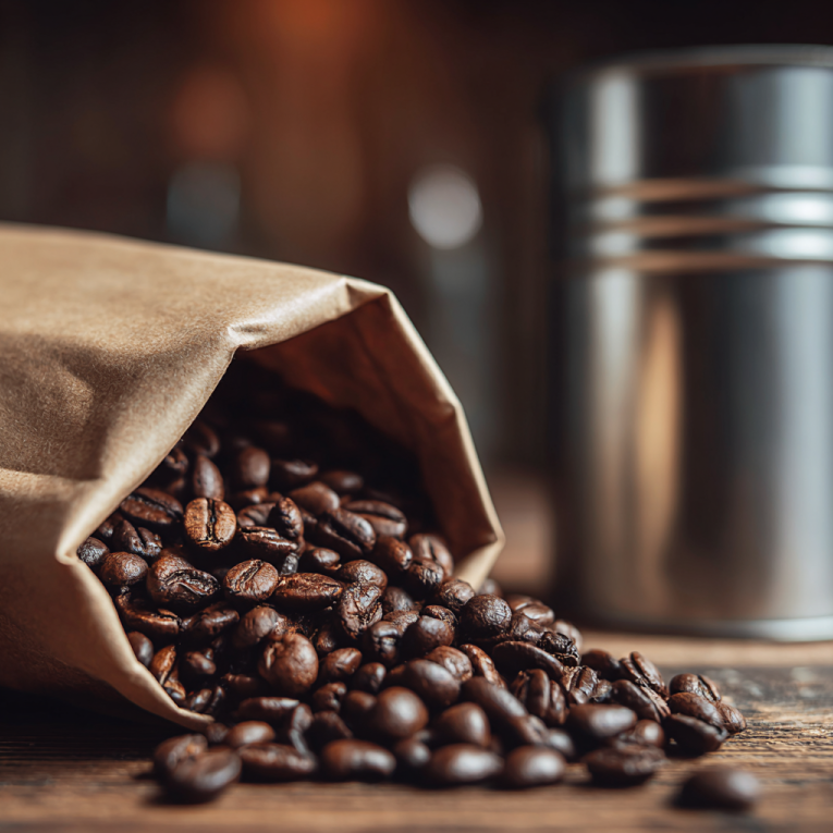 close-up of roasted coffee beans spilling from a tin next to an airtight canister and a one-way valve bag on a wooden counter