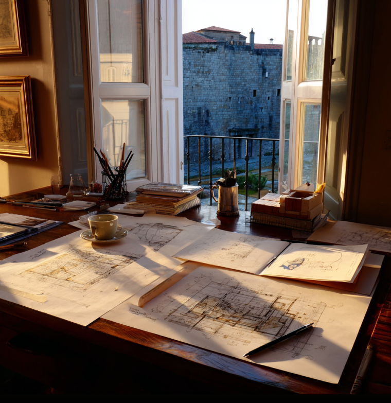 telecom engineer reviewing building plans beside a demitasse of espresso, with Lugo’s Roman Walls in soft focus through a window