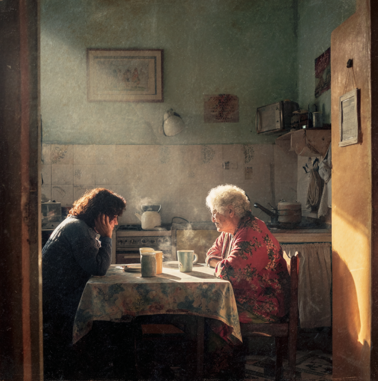 mother and daughter at a kitchen table with steaming coffee, morning light, and a phone on the table mid-call, hinting at opportunity and danger