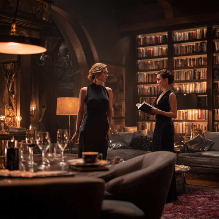 dimly lit apartment with two women seated opposite each other, black book on shelf in background, tension and betrayal in the air