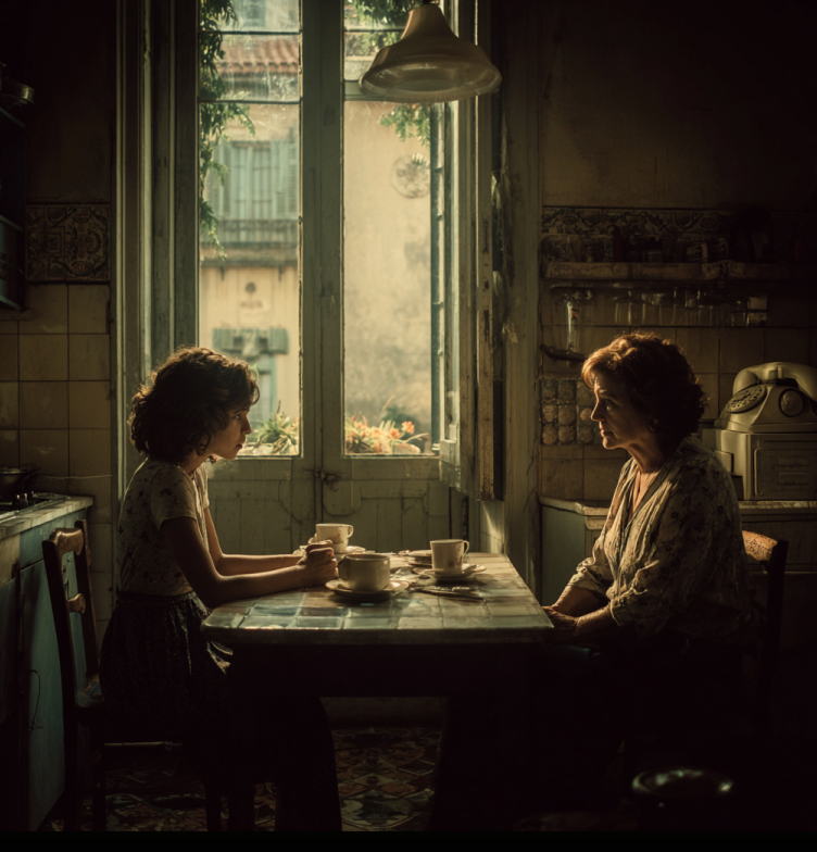 kitchen table at dawn with two women, one tearful, steaming mugs between them; a phone off the hook hinting at a call that changes everything