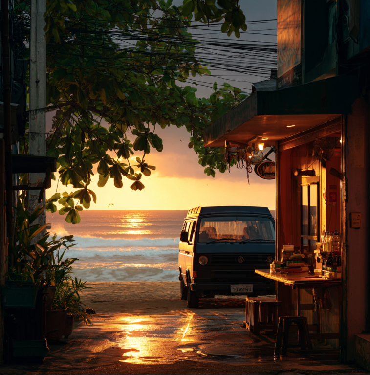 sunrise coffee shop on the beach in Phuket with empty tables and a shadowy black van approaching in the distance