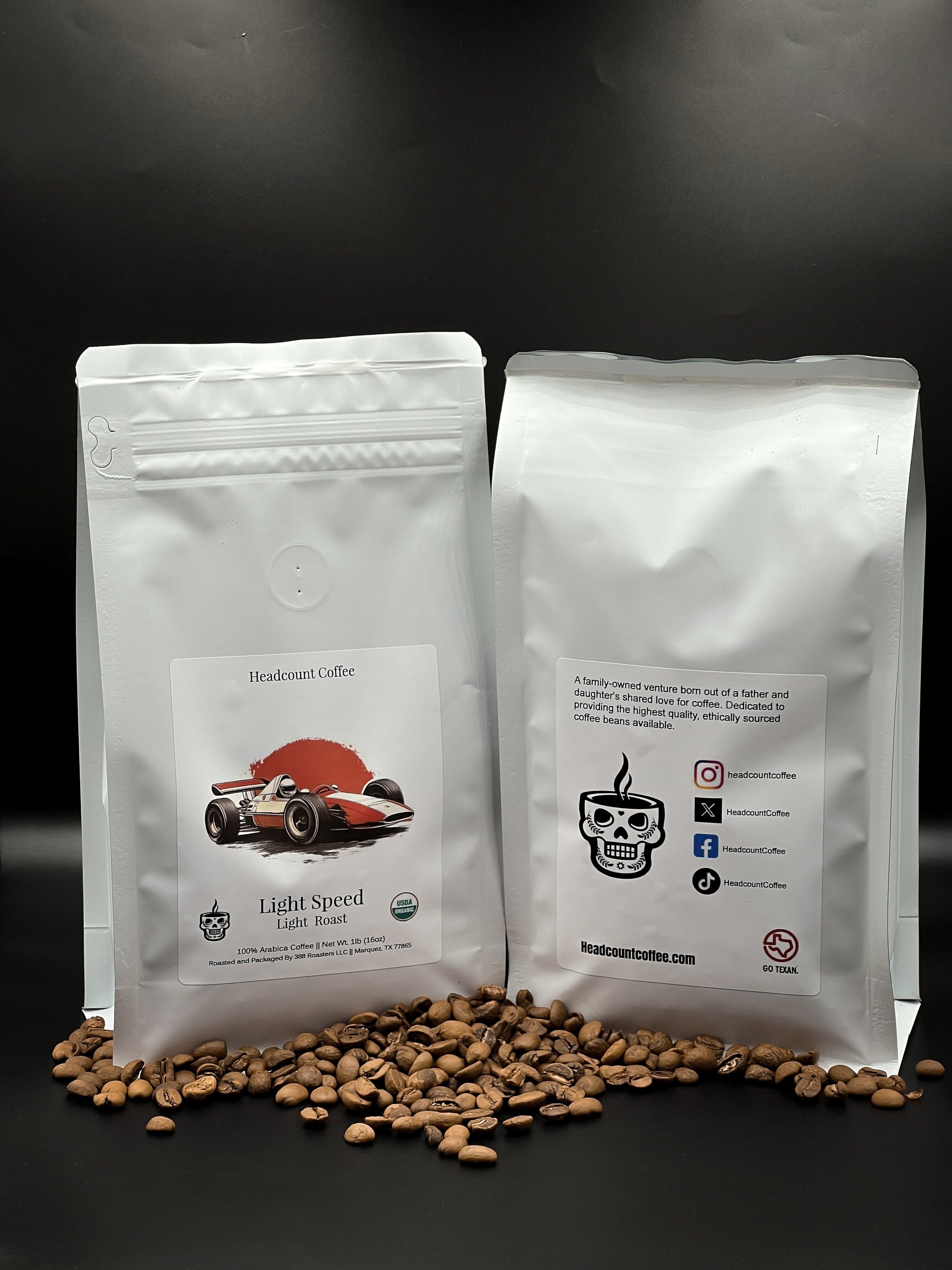 Headcount Coffee Light Speed light roast organic coffee bags from Texas coffee roastery with race car artwork.