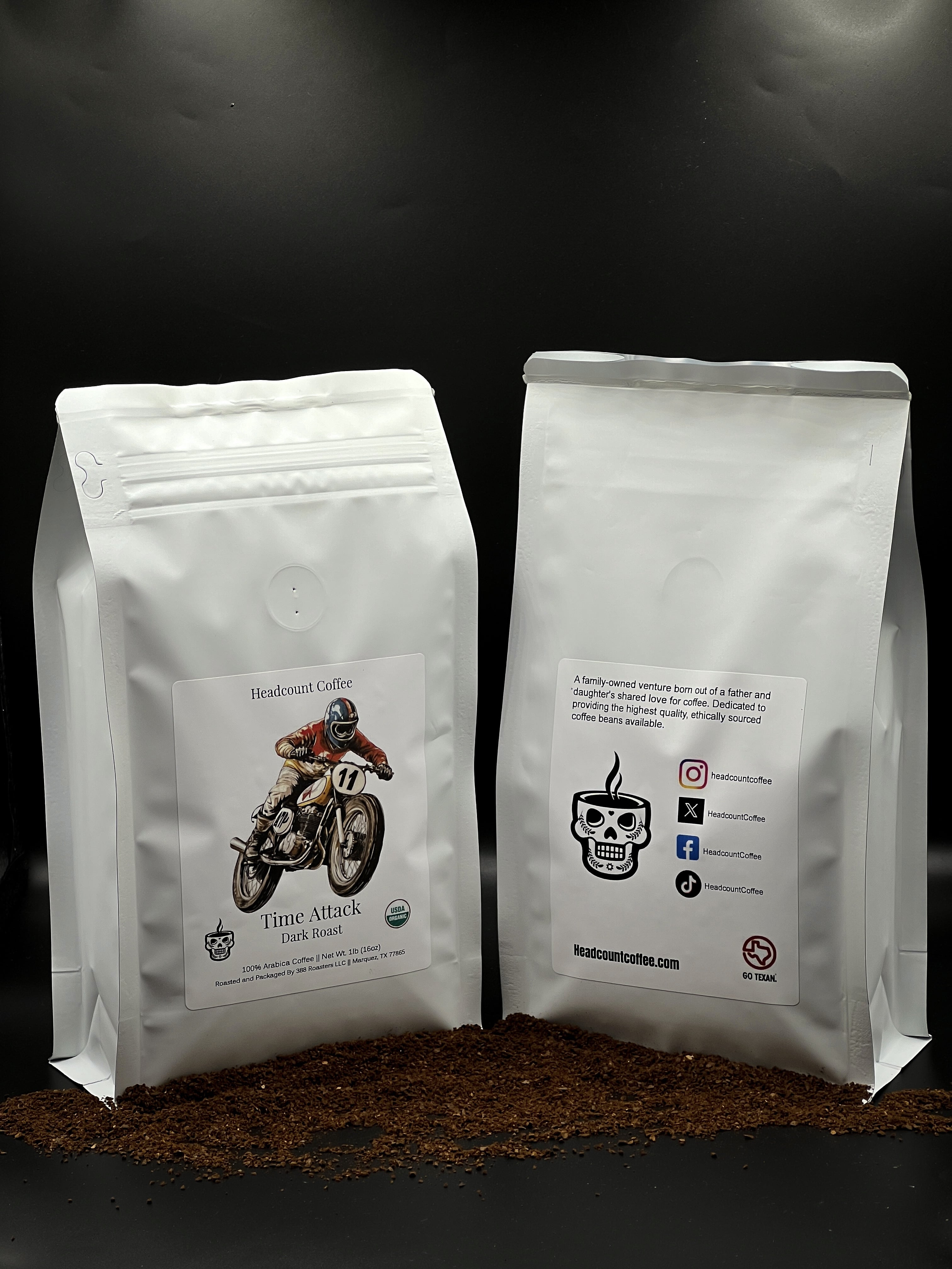 Headcount Coffee Time Attack dark roast organic coffee bags from Texas coffee roastery with racer artwork.