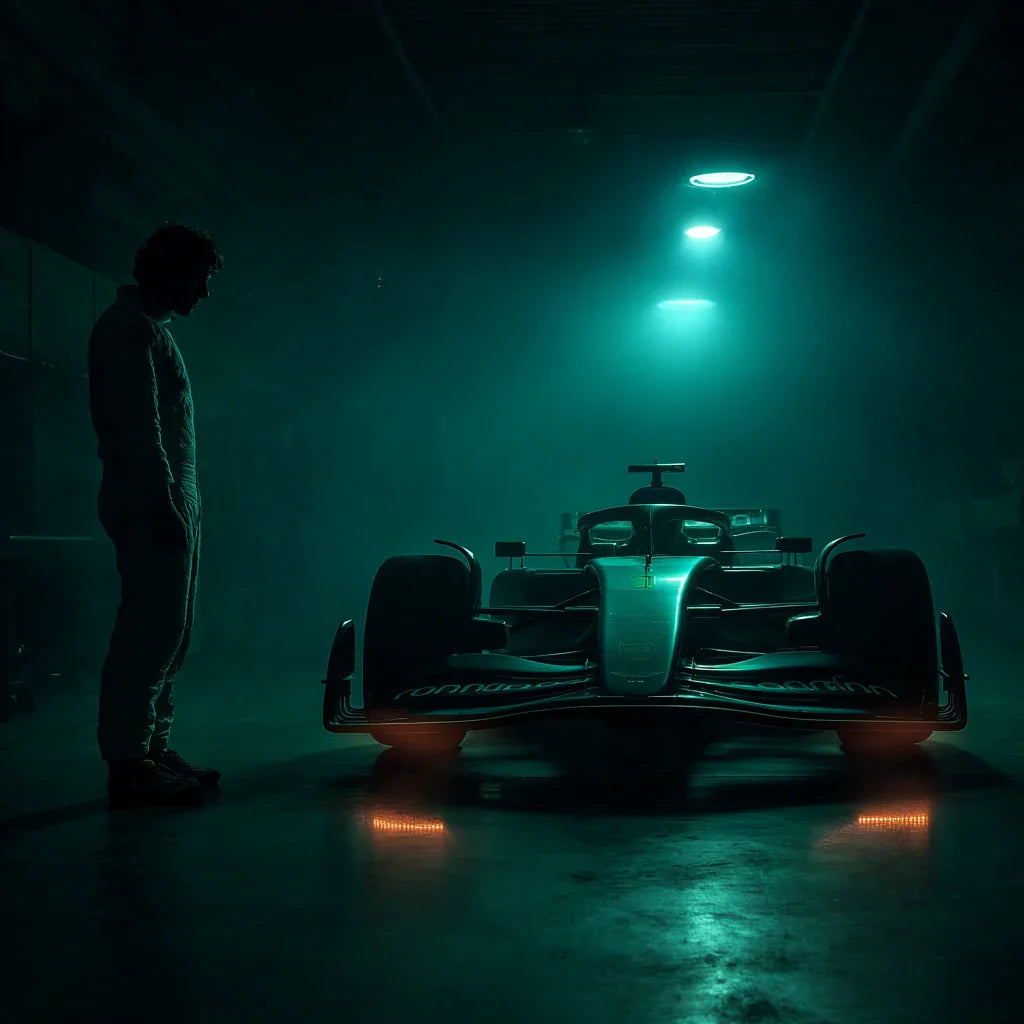 Fernando Alonso standing next to his Aston Martin F1 car in a dimly lit garage.
