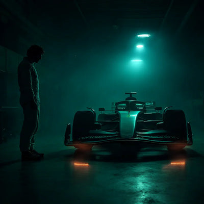 Fernando Alonso standing next to his Aston Martin F1 car in a dimly lit garage.