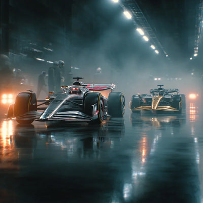 Audi and Cadillac 2026 F1 cars facing each other in a moody wind tunnel, technicians in the background.