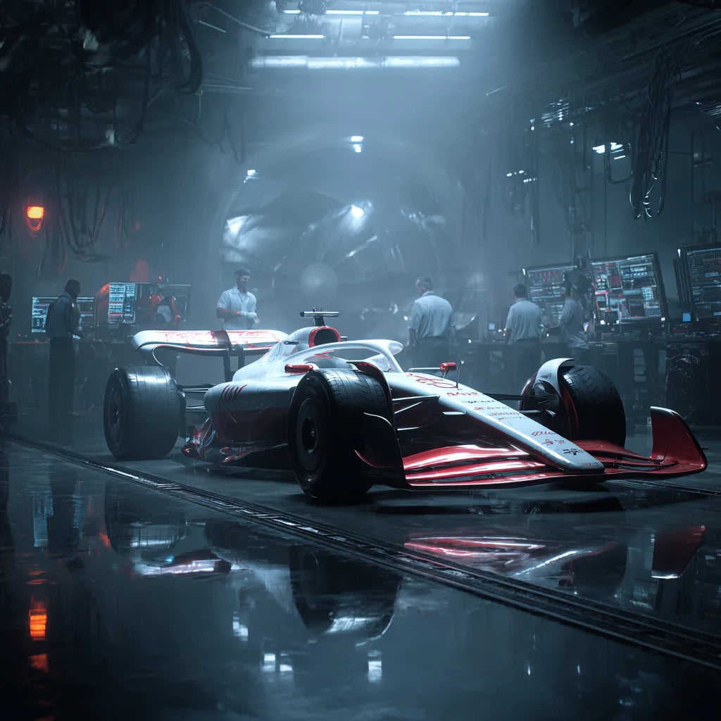 A 2026-style Toyota Formula One car in a wind tunnel under dramatic lighting with engineers nearby.