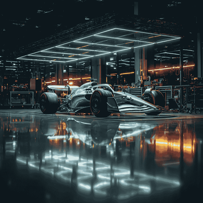 2026 Formula 1 hybrid power unit inside a garage.