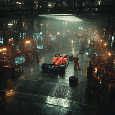 Ferrari SF-25 in a dim garage with mechanics and engineers working under warm lighting.