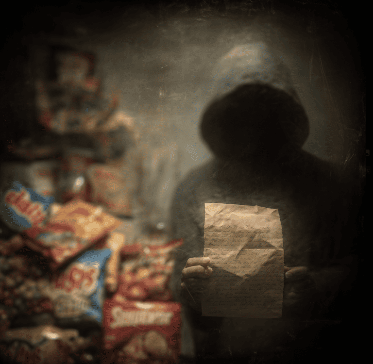 A shadowy figure holding a cryptic letter, referencing the Monster with 21 Faces extortion case and the Glico-Morinaga kidnapping.