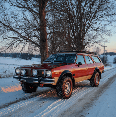 A 1980s AMC Eagle wagon driving through snow, illustrating how the model helped inspire the modern crossover concept.