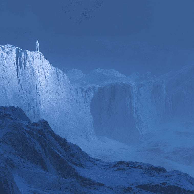 Tall pale figure on an Alaskan glacier ridge, representing historical reports of the Glacier Giants.