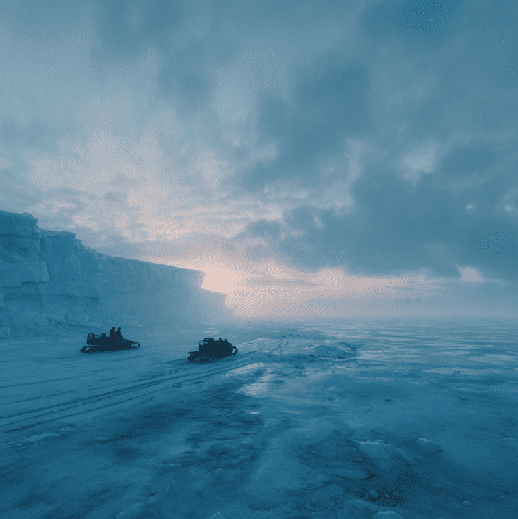 Abandoned sleds and snowmachines at an Alaskan ice margin representing the missing hunters of the Village of Whales.