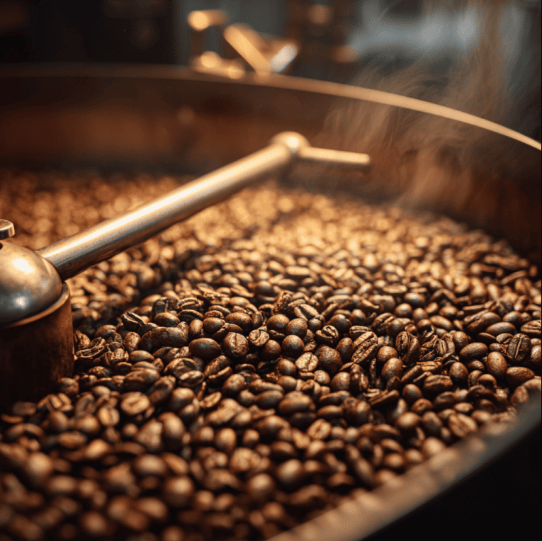 Coffee beans turning golden during the Maillard reaction inside a roasting drum, showing the browning chemistry that creates coffee flavor.