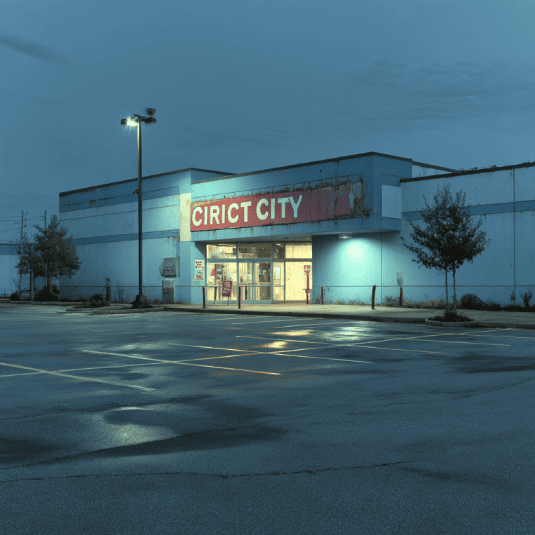 Abandoned Circuit City retail building with faded signage and an empty parking lot.