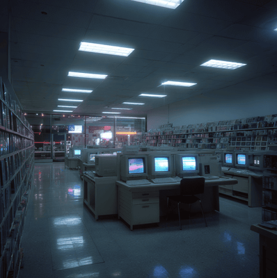 A nostalgic view of a 1990s CompUSA aisle filled with boxed software and computer hardware, symbolizing the rise and disappearance of the electronics superstore.