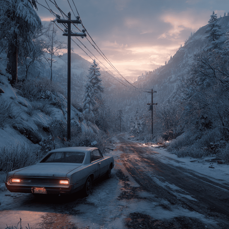 Abandoned Mercury Montego on a snowy mountain road connected to the disappearance of the Yuba County Five.