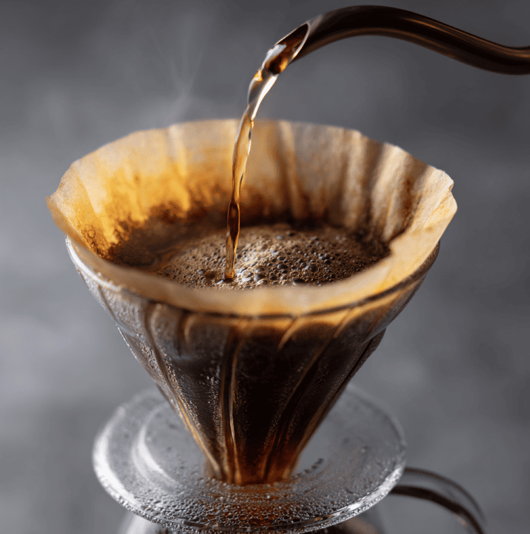 Pour-over coffee dripping into a carafe with bright, fruit-like tones representing a juicy flavor profile.