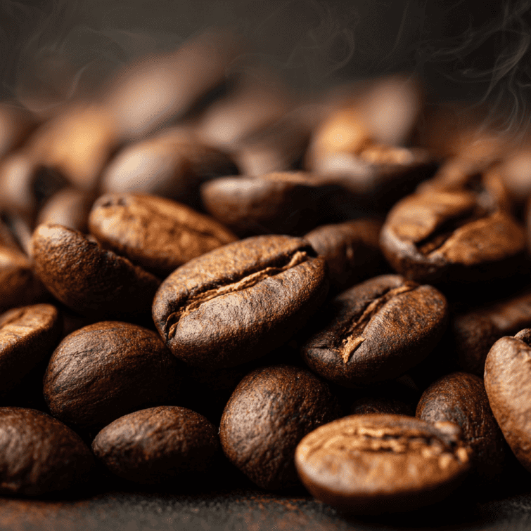 Close-up of roasted coffee beans surrounded by subtle spice-like aromatic tones representing phenolic compounds.