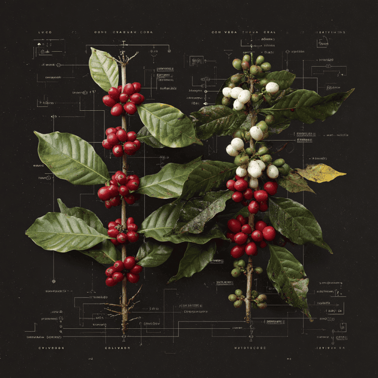 Comparison of different coffee varietals showing genetic and botanical differences that influence flavor.