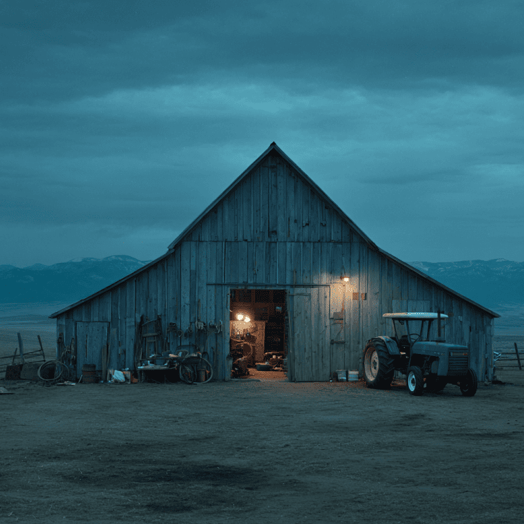 Remote Colorado barn where machinery reportedly starts on its own, showing tractor headlights illuminating an empty shed.