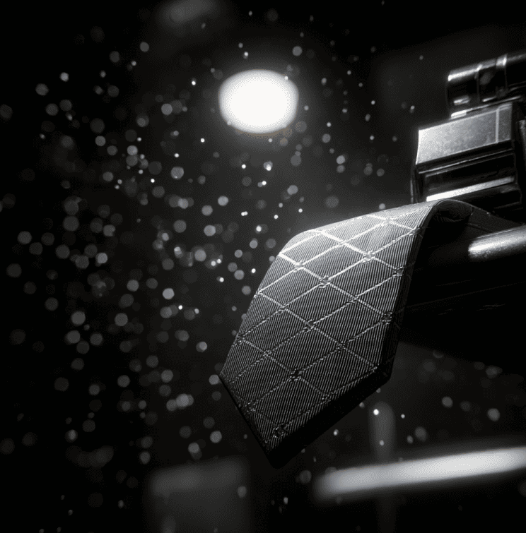 Forensic close-up of D.B. Cooper’s clip-on tie showing metallic particles linked to aerospace manufacturing.