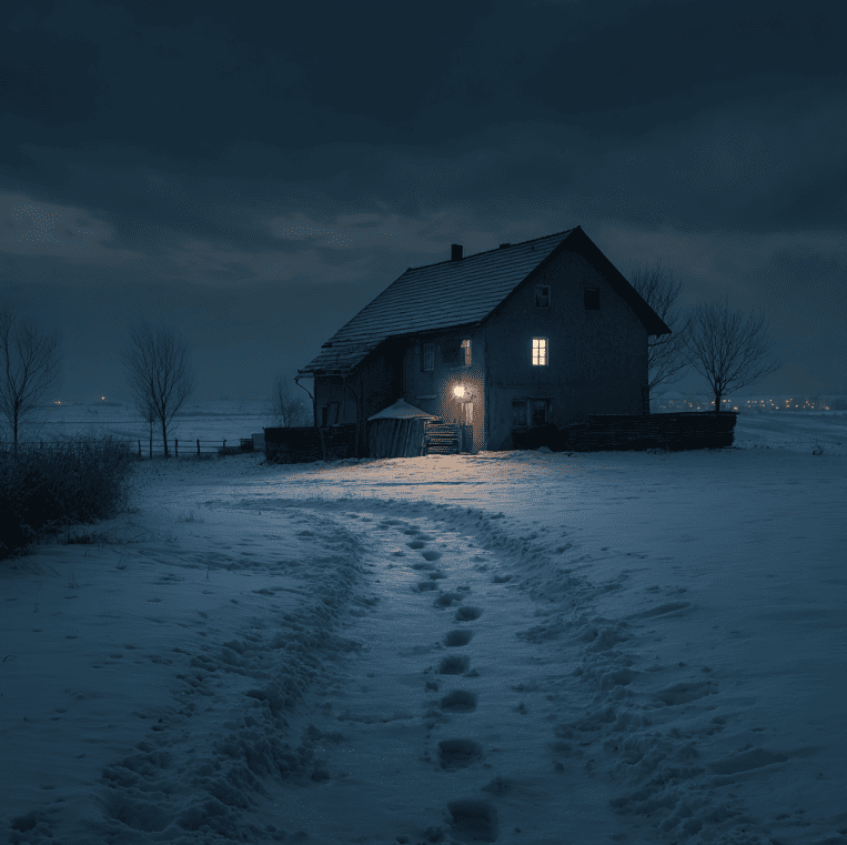 Hinterkaifeck farmhouse in Bavaria at dusk with snow and footprints — scene of Germany’s most disturbing unsolved murders