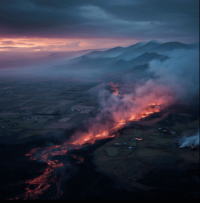 Icelandic fissure eruption with sulfur haze drifting over farmland, inspired by the 1783 Laki disaster.