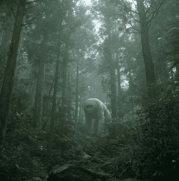 Depiction of the Hibagon, Japan’s Bigfoot-like creature, moving through the forests of Mount Hiba.