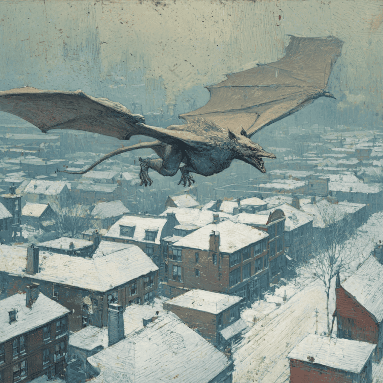 Winged, hooved creature above snowy New Jersey rooftops, inspired by the 1909 Jersey Devil mass sightings.