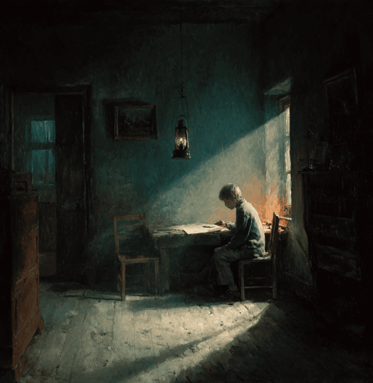 Historical depiction of Kaspar Hauser in a dim German room, referencing his mysterious origins and sudden appearance in 1828.