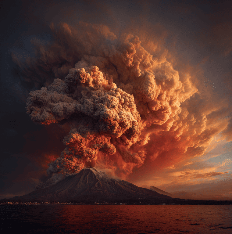 Historical depiction of the 1883 Krakatoa eruption with atmospheric shockwave radiating outward.