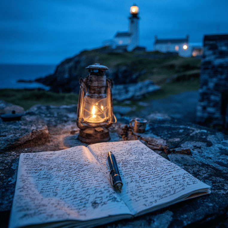 Lantern-lit lighthouse logbook on Eilean Mòr referencing the disputed journal entries linked to the Flannan Isles mystery.