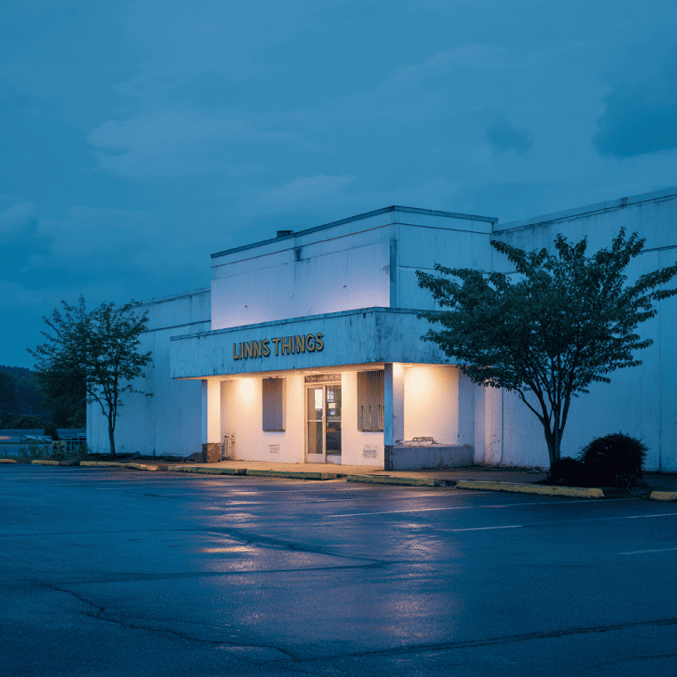 Vacant Linens ’n Things store with faded sign, representing the chain’s collapse.
