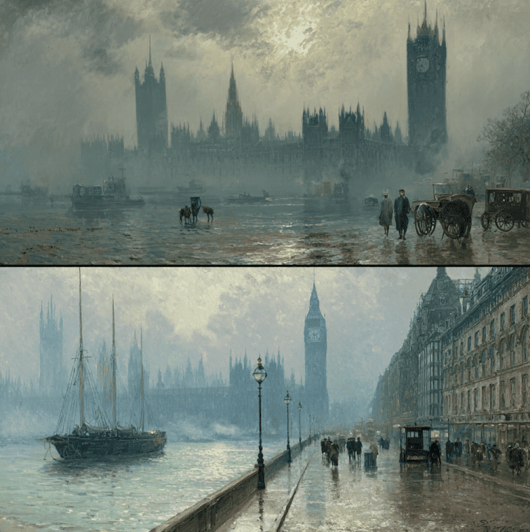 Depiction of the Great Stink of London in 1858 with sewage-choked Thames near Parliament.