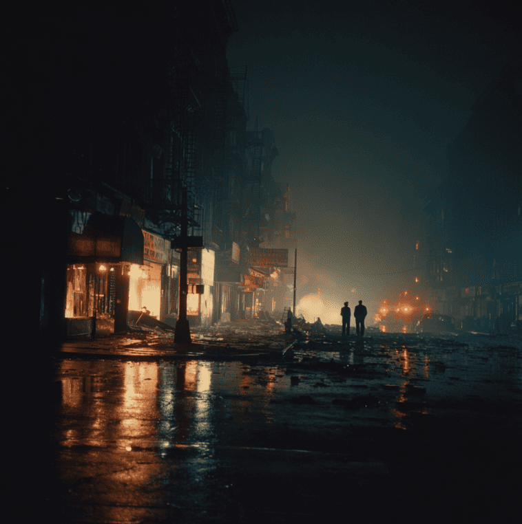 New York City street during the 1977 blackout with damaged storefronts and emergency lights in the darkness.