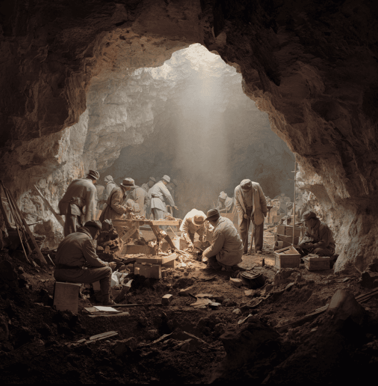 Archaeologists excavating the Zhoukoudian cave where the first Peking Man skull fragment was discovered in 1929.